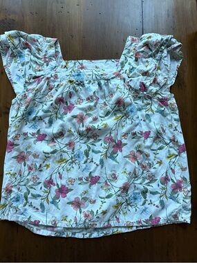 St. John's Bay White Floral Puff-Sleeve Blouse with Pink & Yellow Blooms